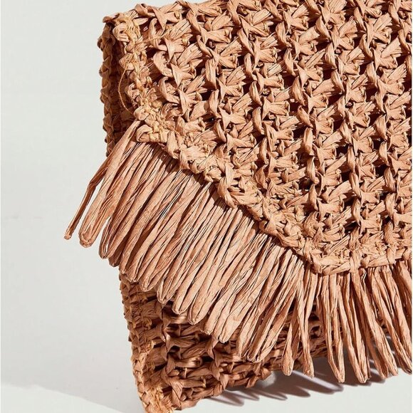 Women's Woven Straw Envelope Beach Clutch Handbag Fringe Trim Casual Bag - Picture 4 of 6